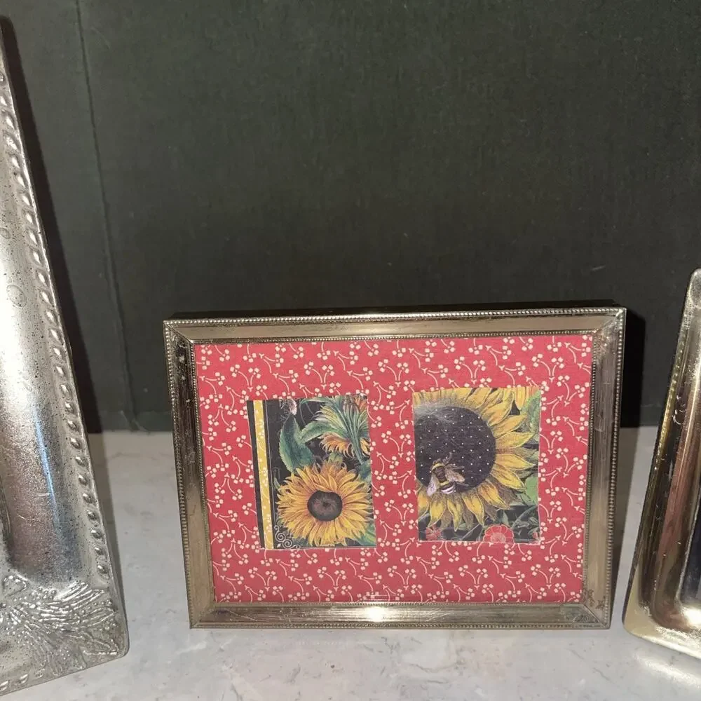 Set 3 Photo Frames Wood Brass Silver Colored Picture Frames Metal 3.5,4”,6.75”